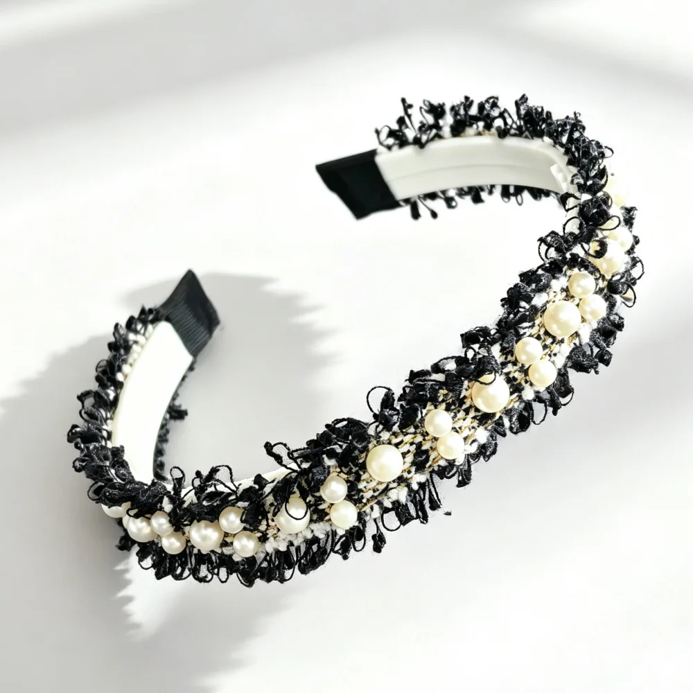 Women Pearl Lace Headband Elegant Frayed Tweed Hair Hoop Vintage Luxury Beaded Hairband Girls Fashion Party Daily Hair Accessori