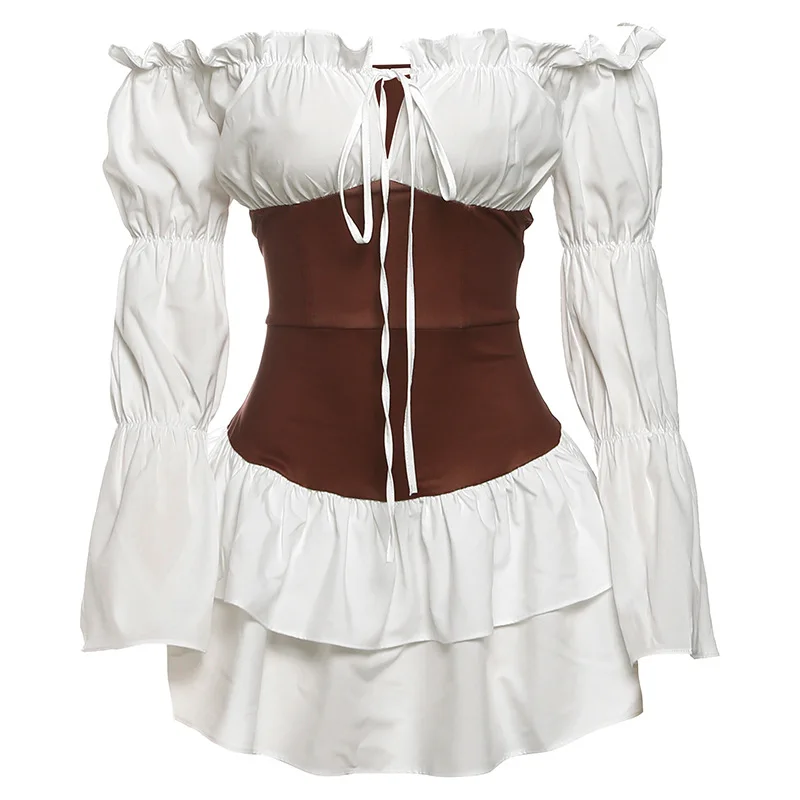 Doce retalhos vestido curto feminino rendas até slash neck manga longa puff magro em camadas strecth elegante mini bodycon vestidos