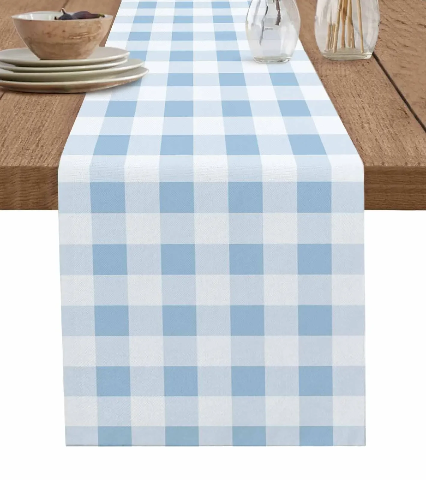 Blue Plaid Spring Linen Table Runners Kitchen Table Decoration Accessories Dining Table Runner Wedding Party Supplies