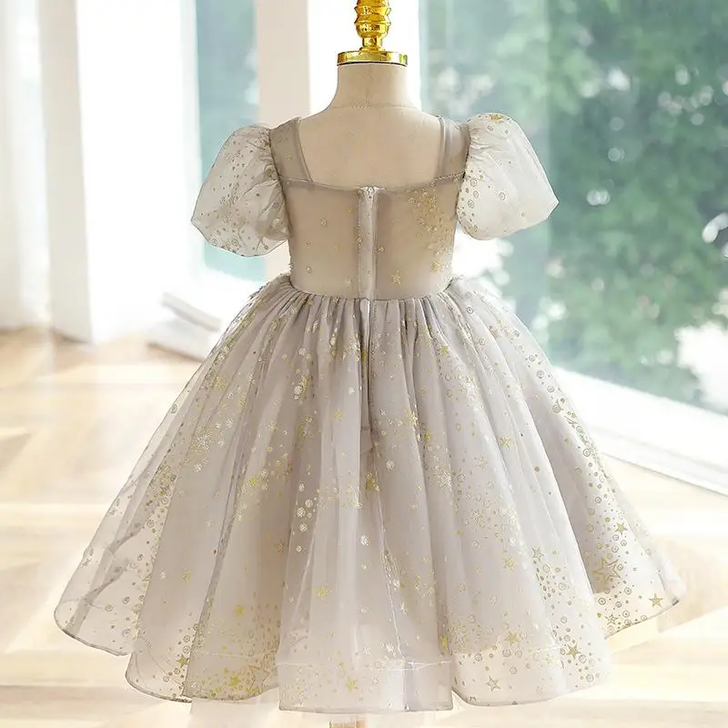 2024 Young Girls Sequined Dress Kids Girl Puff Sleeves Lace Beading Ball Gowns Children Birthday Party Pageant Formal Vestidos