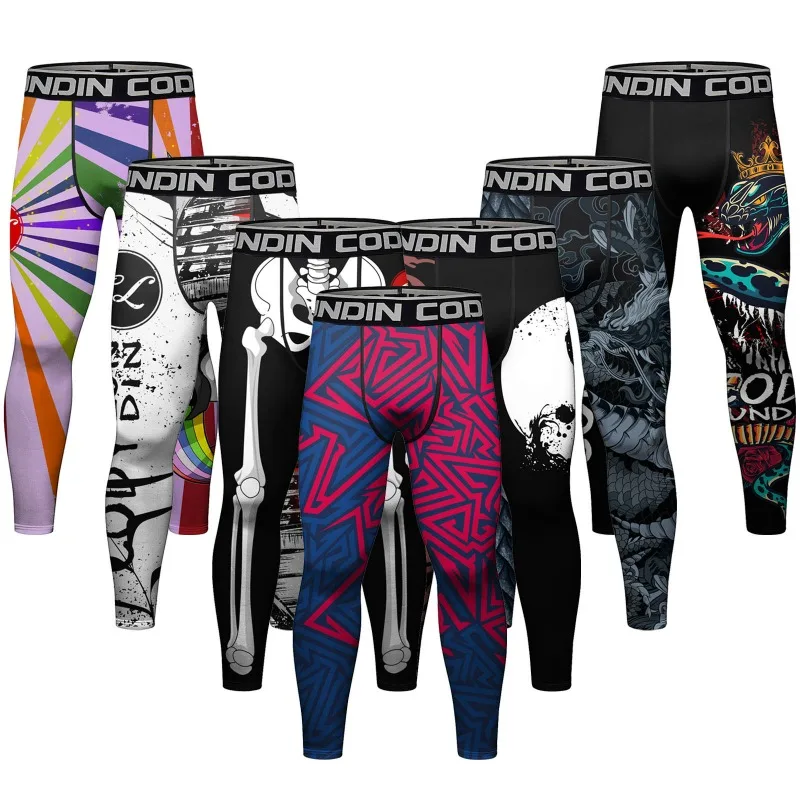 Men Sports Fitness Pants Printed Compression Tights for Running Basketball Casual Wear Cycling Leggings