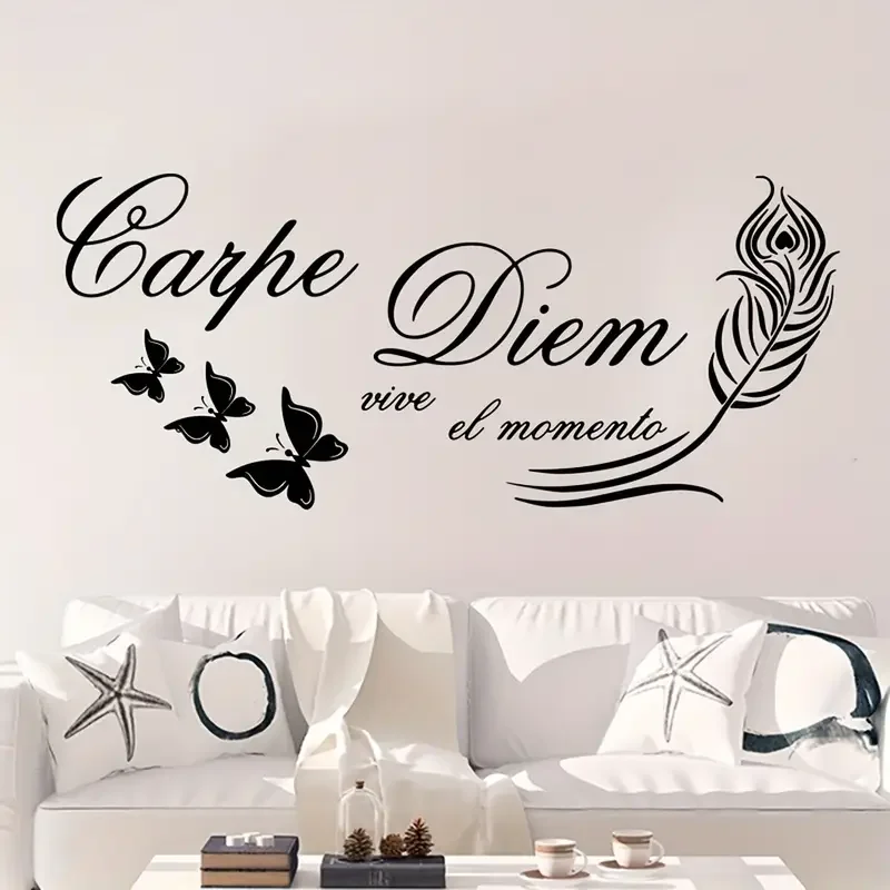 1 autocollant mural de motivation espagnol « Carpe Diem » – Décalcomanie contemporaine en PVC noir avec motif papillon et pomme de pin, auto-adhésif