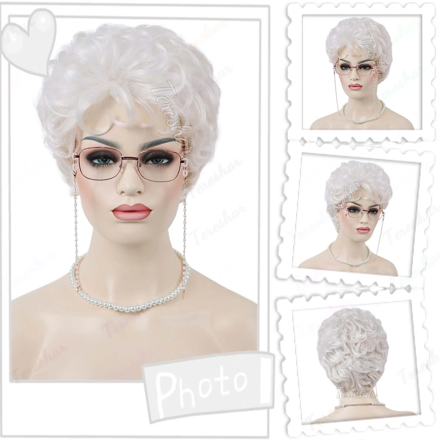 Synthetic Short Curly White Wigs for Women Grandma Wigs for 100th Days of School Cosplay Costume Halloween Party Granny Wigs
