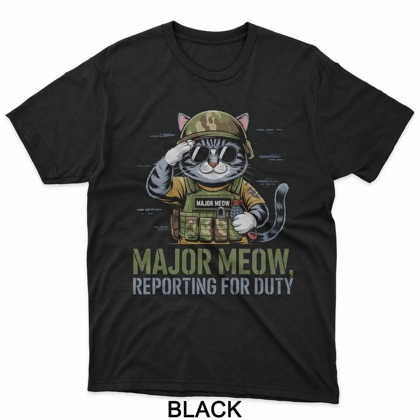Major Meow Reporting for Duty Military Cat T Shirt vintage Washed Stylish Unisex streetwear Slightly graphic Casual
