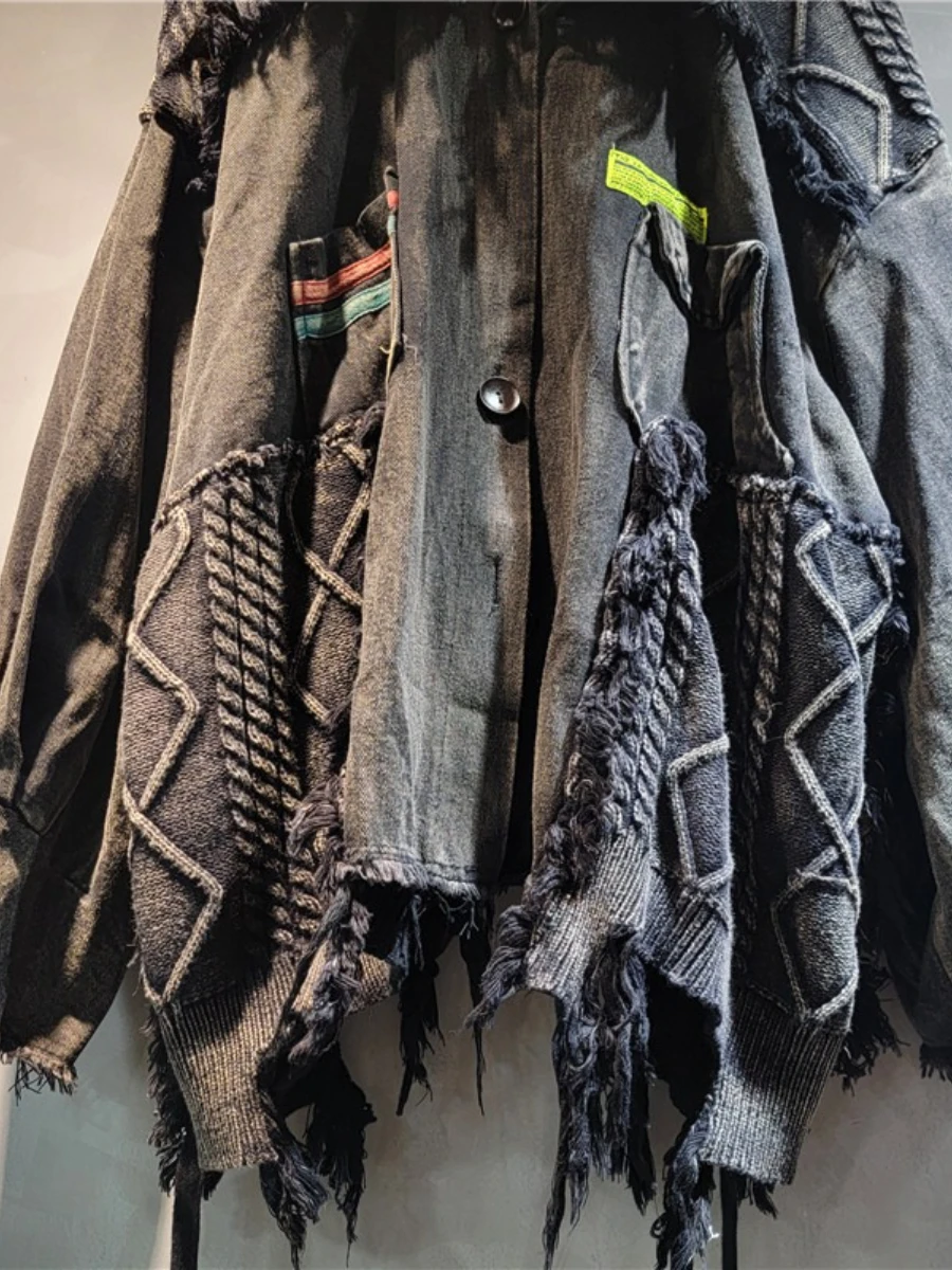 سترة GALCAUR سوداء مقسمة بشراشيب ملابس الشارع الشهير سترات نسائية فضفاضة بأكمام طويلة على طراز القفار سترات نسائية موضة خريف جديدة #4