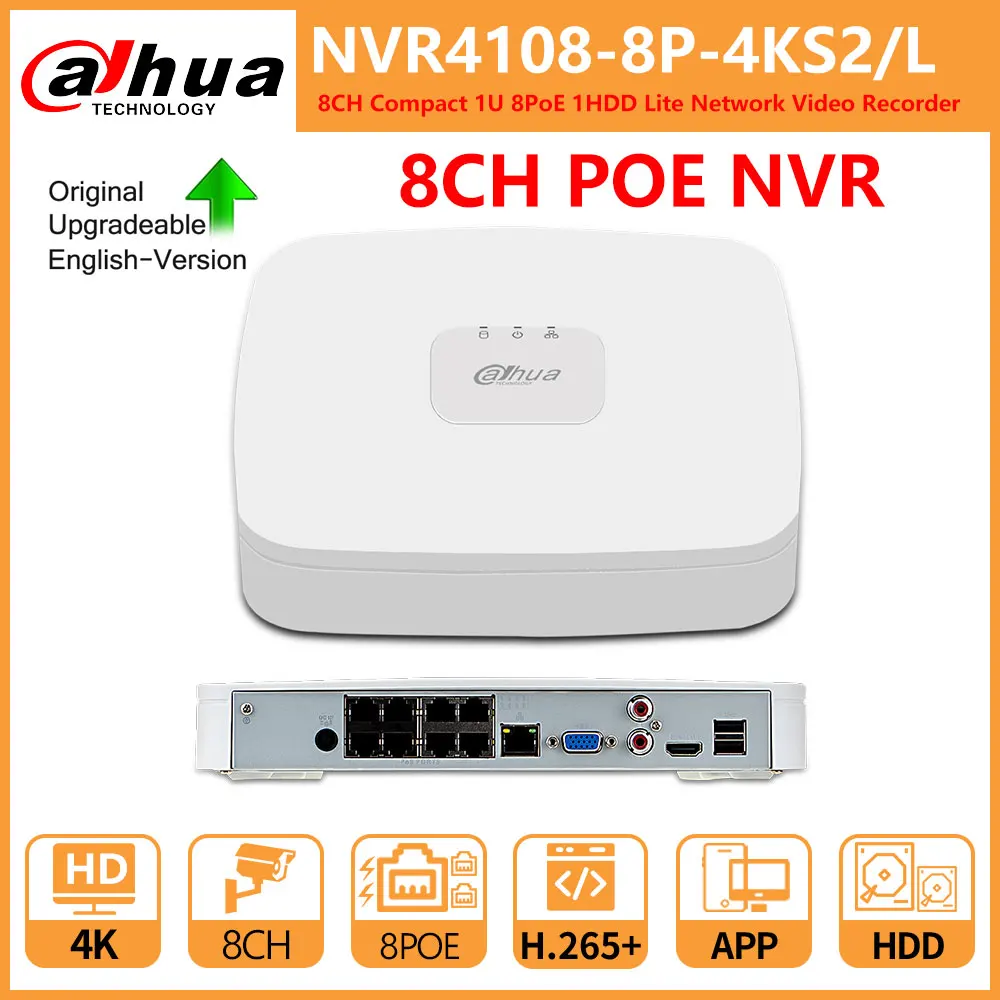 

Dahua Original 8CH 8PoE 1HDD NVR NVR4108-8P-4KS2/L AI by Camera Face detection SMD IVS Surveillance Network Video Recorder