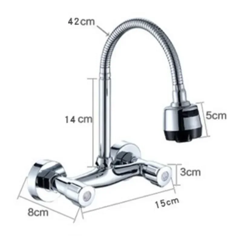 Wall Mounted Kitchen Faucet Wall Kitchen Mixers Kitchen Sink Cold hot Water Tap 360 Degree Swivel Flexible Hose Double Hole