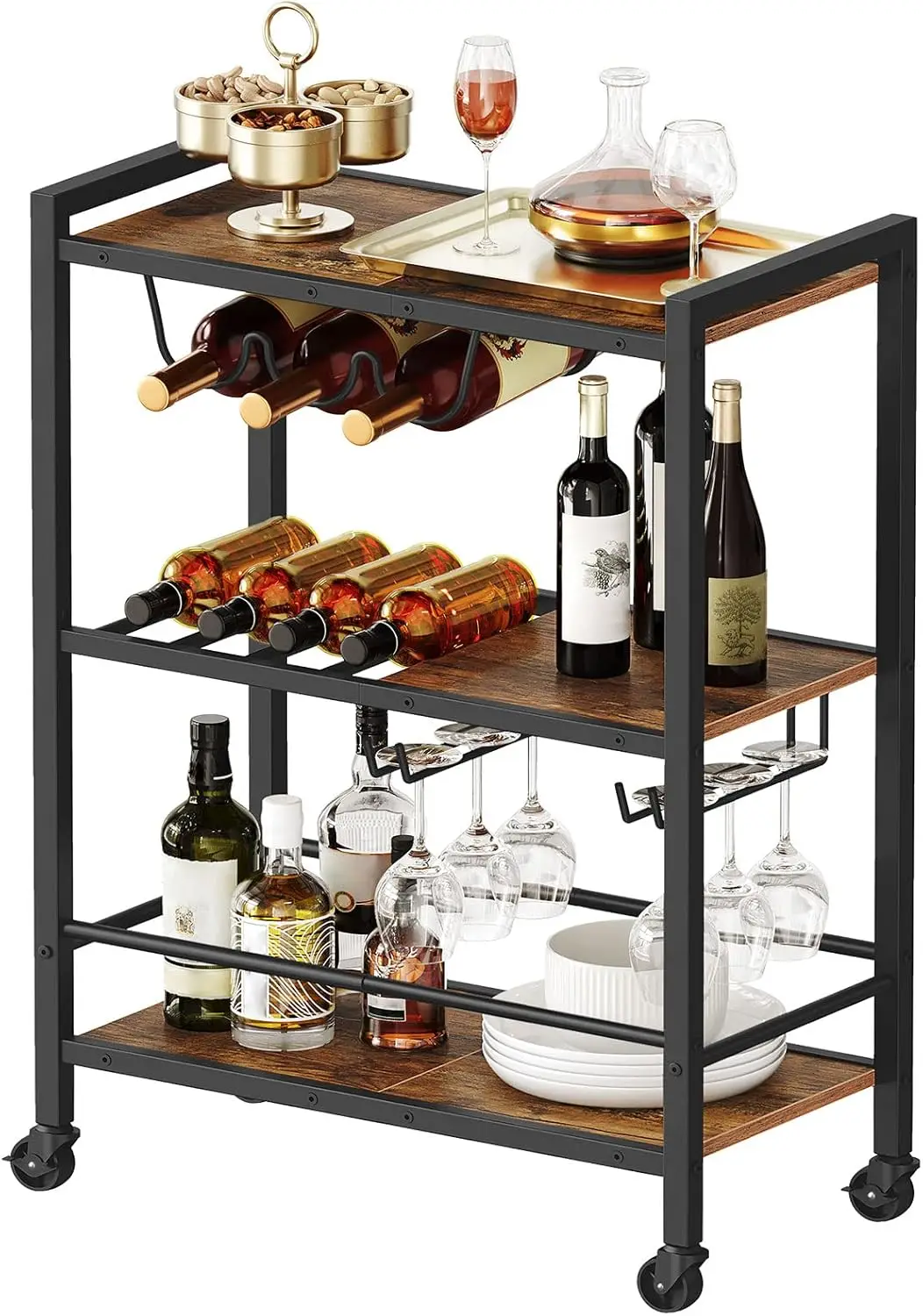 

3-Tier Rolling Bar Cart with Wheels, Wine Rack, and Glass Holder for Home Kitchen Living Room Party Rustic Brown Black