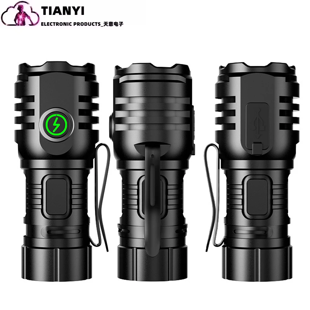 Small mini portable long-range ultra bright flashlight lighting four eye charging Type-C 16340 flashlight small steel cannon