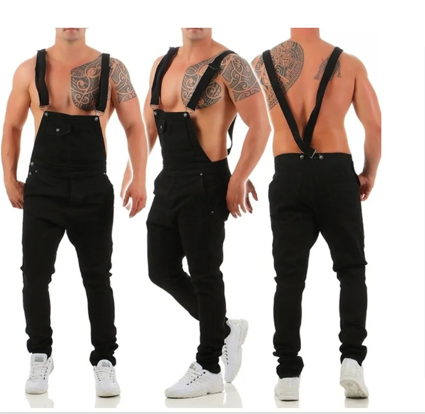 Men Jeans Jumpsuits Denim Pencil Pants Overalls Solid One Piece Washing Cargo Pockets Mid Waist Streetwear Ankle Length Slim