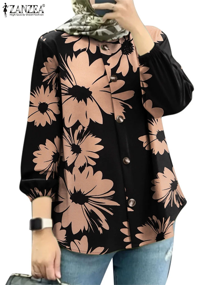 ZANZEA Vrouwen Bloemen Gedrukt Blouses Casual Button Up O Hals Islamitische Hijab Tuniek Tops Lange Mouw Moslim Mode Vakantie Shirts