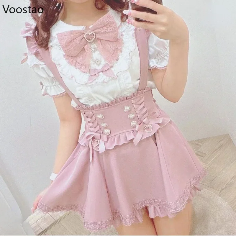 Japanese Sweet Lolita Lace Bow Short Suspender Skirt Soft Girls Gothic Plaid Bandage Party Mini Skirts Y2k Casual A-Line Skirts