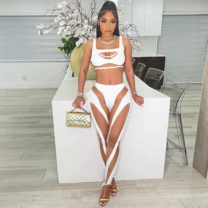 Summer Sheer Mesh Patchwork 2 Piece Set Women Sexy Cut Out Tank Crop Top + Pants Suits Club Outfit Tracksuit Women Sport Fitness