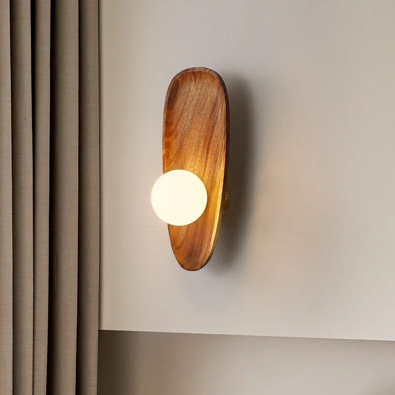 Modern Wooden Wall Lamp Glass Lampshade for Living Room Solid Wood Home Decor Bedside Wall Light Sconce Staircase Light Fixtures