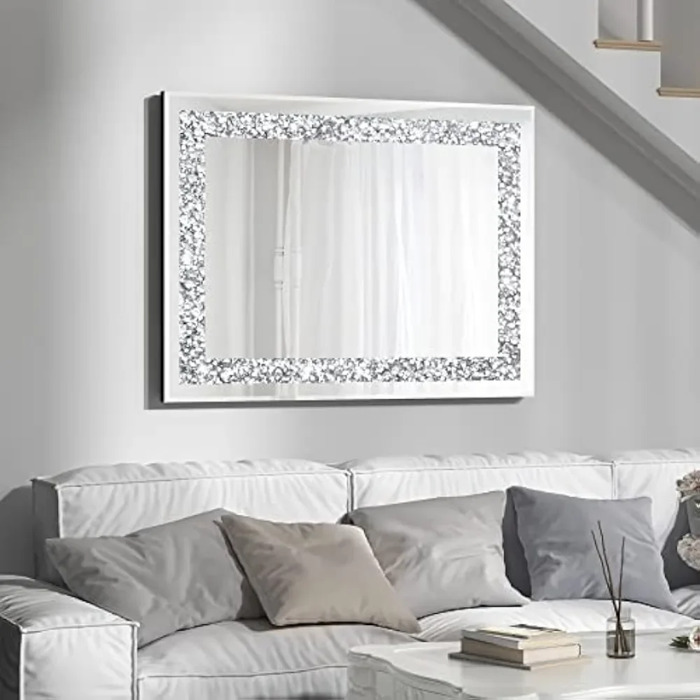 Crystal bathroom mirror, rectangular ornate silver mirror, wall crushed diamond mirror decorate bedroom, hallway, bathroom