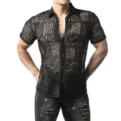 Mens Shirt Summer New Fashion Lace Short Sleeve Loose Casual T-shirt for Men