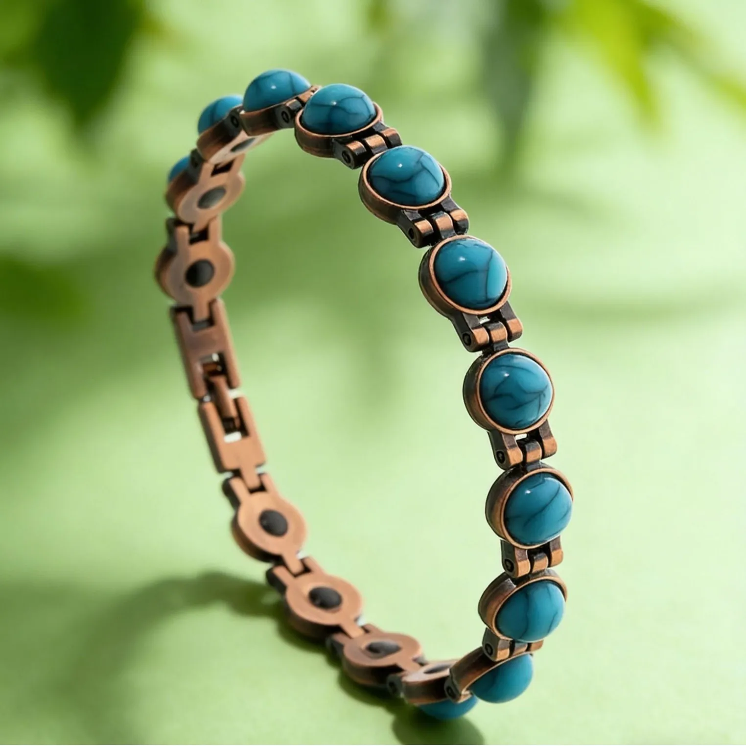 Women's Classic Health Copper Color Imitation Turquoise Bracelet for Women Blue Stone Magnetic Fashion Ladies Bangle Bio Jewelry