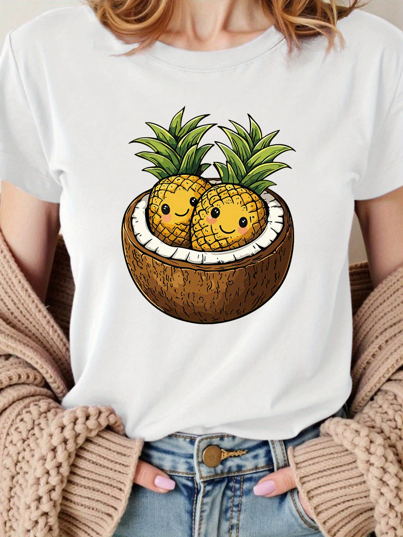 2026 Smiling Pineapple Coconut Graphic Print Women'S Short Sleeve Crew Neck Casual T-Shirt Spring and Summer Daily Styling Daily
