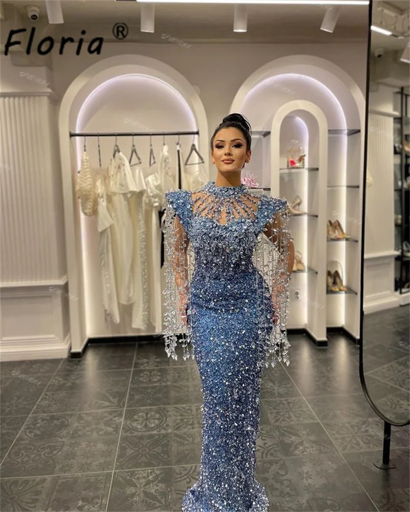 

Luxury Fully Crytal Tassels Mermaid Party Dress Blue High Neck Dubai Cap Sleeve Prom Evening Dresses Floor Length Wedding Gowns