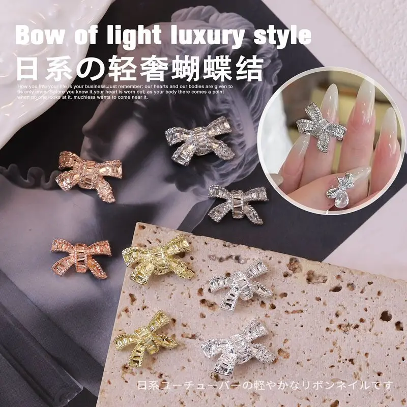 10pcs/lot 3d Bow Tie Nail Art Charm Decoration Accessories Gold/silver Rhinestones AB Glitter DIY Metal Manicure Parts&JE13