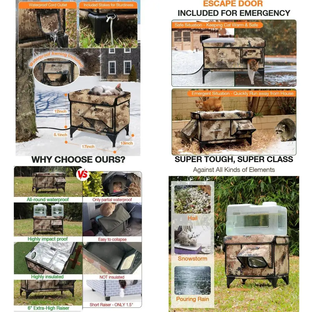 

Waterproof Insulated Outdoor Cat Shelter with Heater for Winter, Safe Escape Door, Desert Camo, 13x17x18