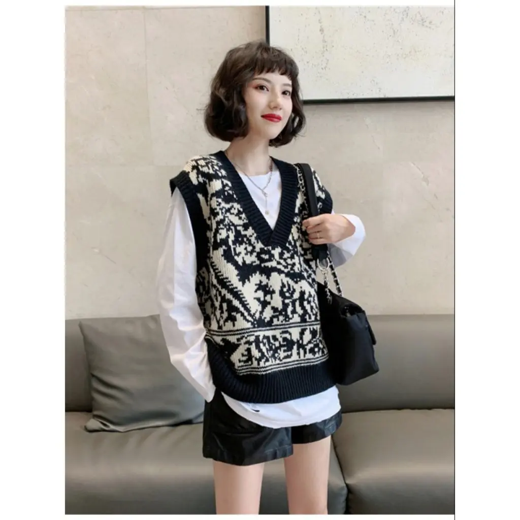 

Женский жаккардовый жилет больших размеров в стиле ретро с v-образным вырезом, шерстяной вязаный осенне-зимний модный топ без рукавов