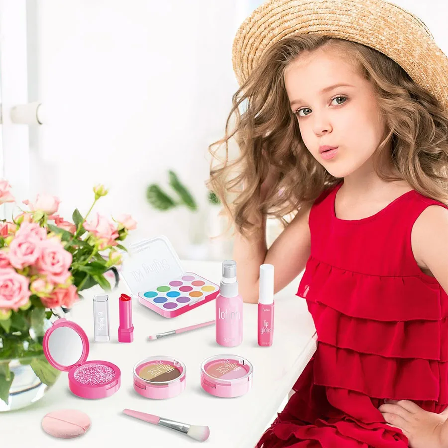 Kids Pretend Makeup Toy Set, Non-Toxic Fake Cosmetic Kit, Non-Real Make Up Playset for Little Girls