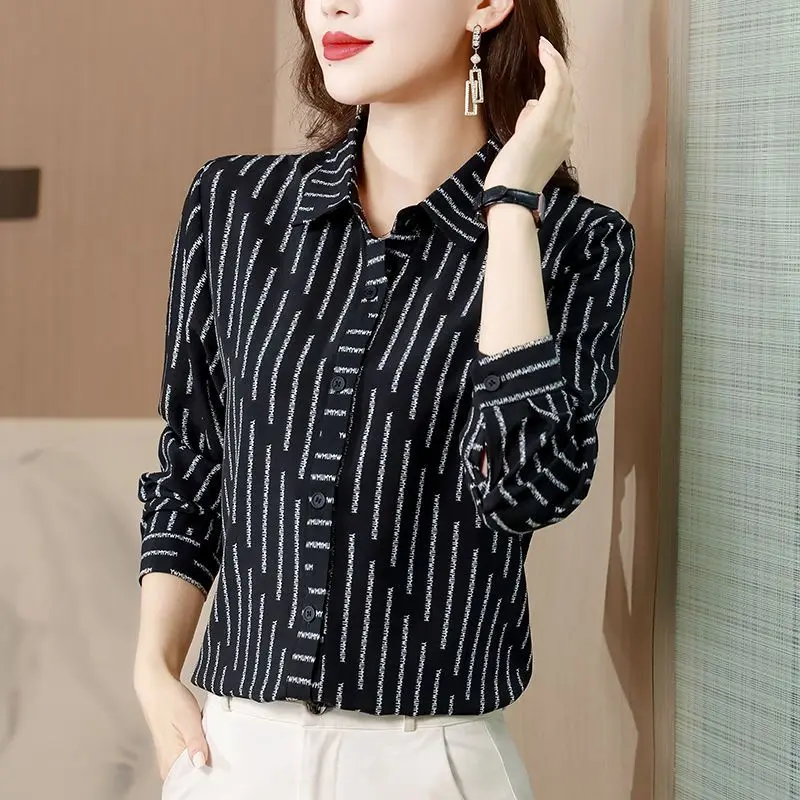 Women\'s Spring and Autumn Fashion Commuter Polo Neck Striped Button Casual Versatile Long Sleeved Loose Chiffon Shirt Tops