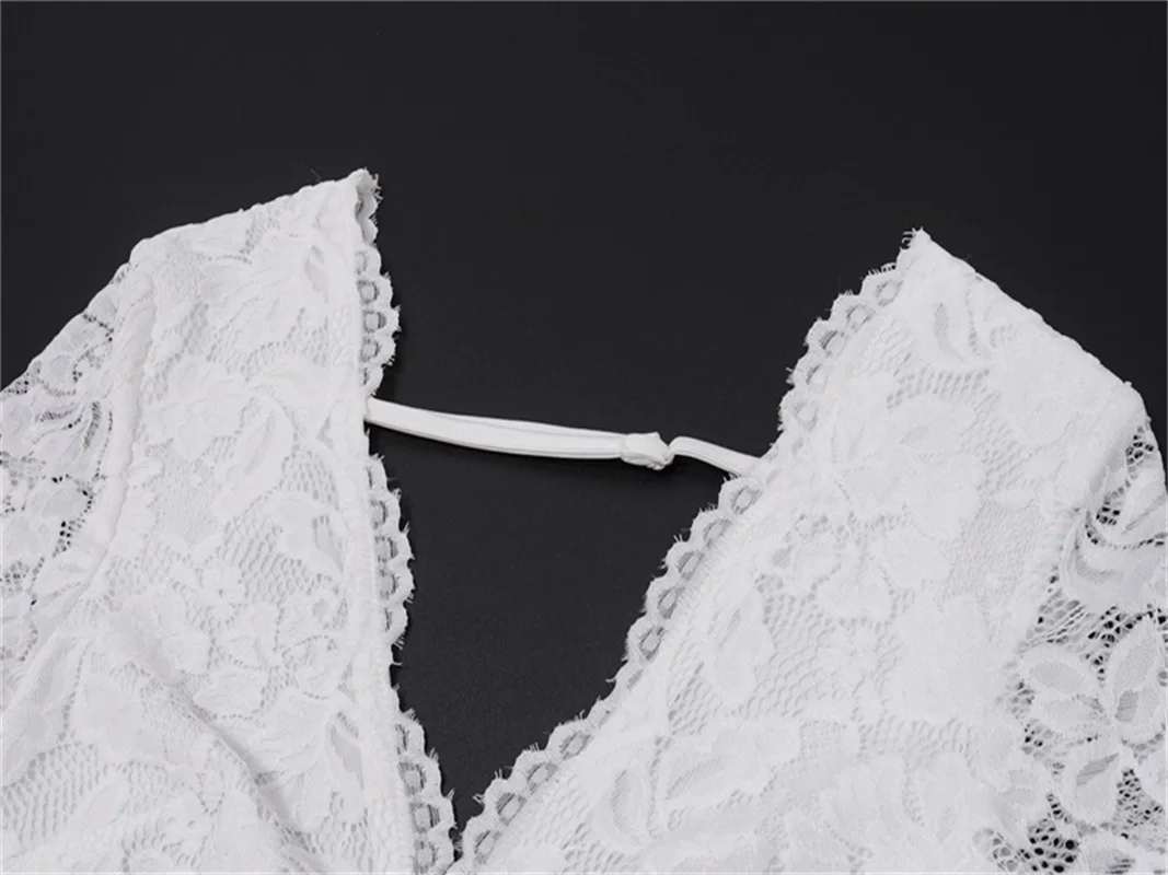 Abito da sera autunnale da donna con scollo a V profondo in jacquard di pizzo Guaina trasparente Abito con fasciatura sottile Gonna da festa senza schienale bianca Nuovo arrivo