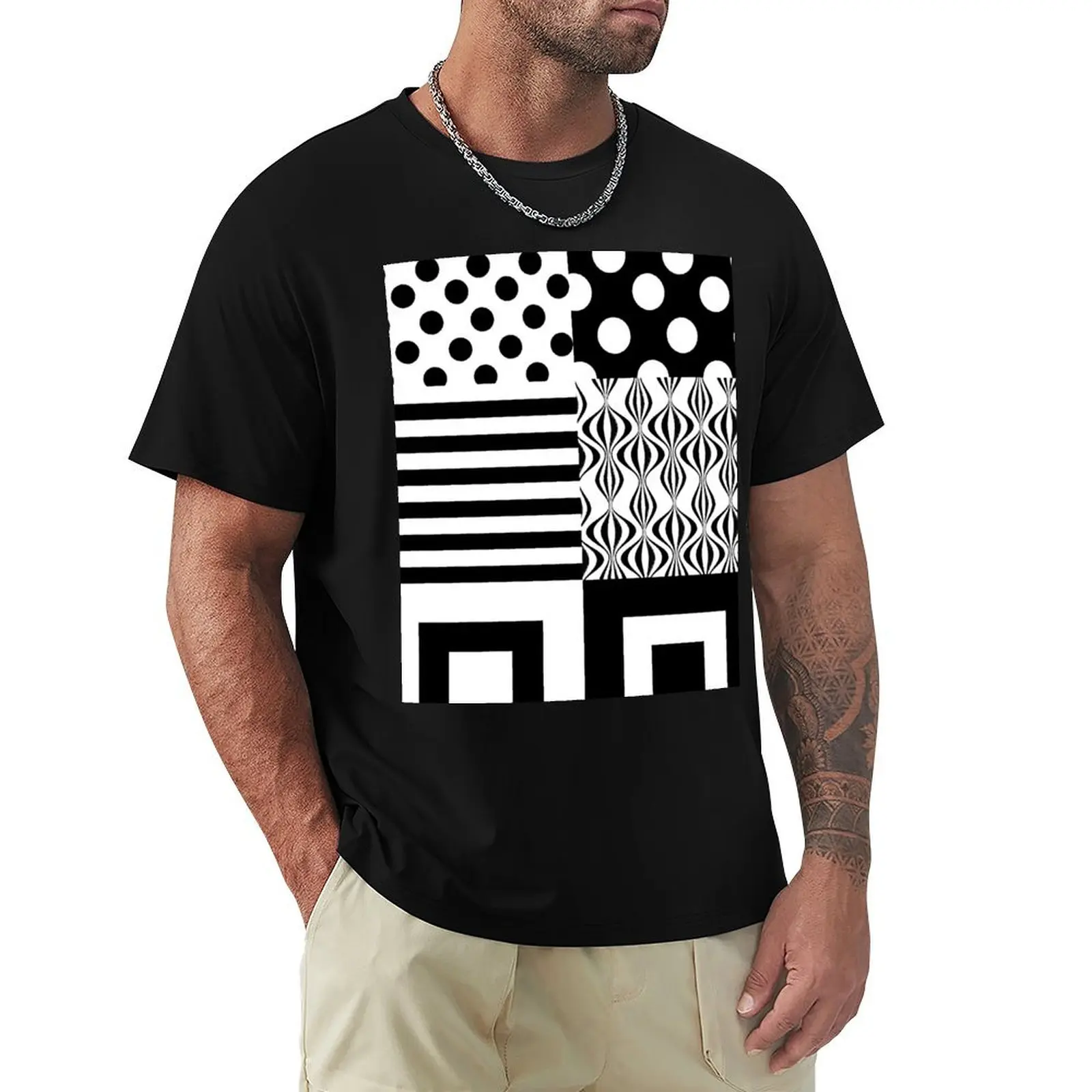 

60s Mod Patterns Black & White Blocks T-Shirt street wear anime shirt oversized t shirt men