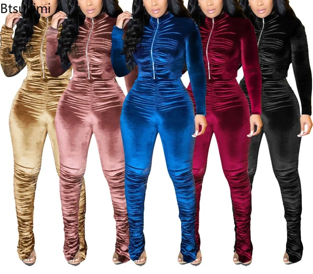 

Autumn Winter New Fashion 2025 Women's Solid Casual Trendy Slim 2 Piece Sets Pleated Zipper Tops Slim Pencil Pants Female Suit