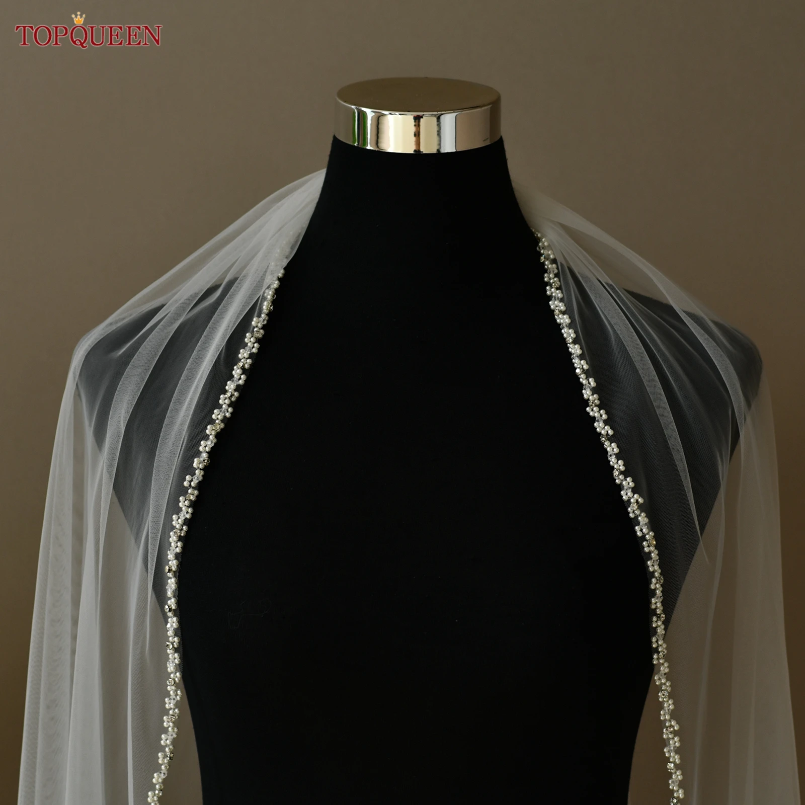 TOPQUEEN Соборная свадебная фата с кристаллами и бисером, свадебная однослойная свадебная фата с кристаллами и бисером, настраиваемая V196 TOPQUEEN Соборная свадебная фата с кристаллами и бисером, свадебная однослойная свадебная фата с кристаллами и бисером, настраиваемая V196