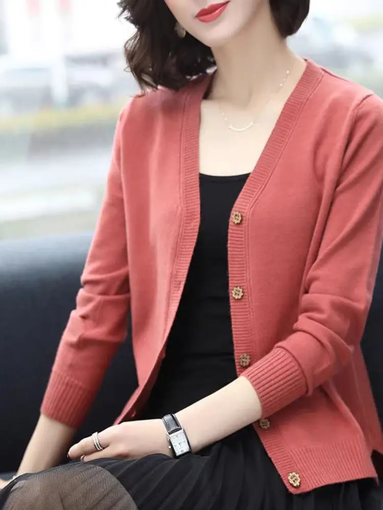 Loose Short Knitted Open Cardigan Women's V-neck Korean Style Spring Autumn Thin Outerwear Sweater Jacket Button Decoration