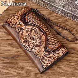 MOTAORA-cartera larga de cuero genuino para mujer, cartera con relieve Vintage, monedero organizador, bolso de mano con muñequera