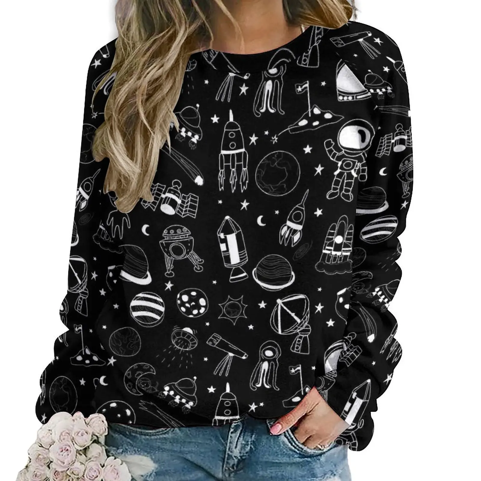 

Celestial Space Print Hoodies Woman Long-Sleeve Black And White Cute Casual Hoodie Hot Streetwear Oversize Pattern Sweatshirts