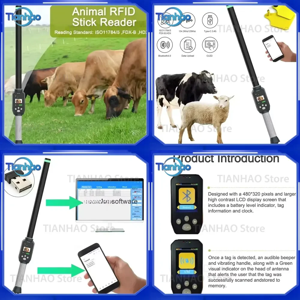 Handheld RFID Stick Reader for Animal Microchip Tube Glass Tag Antenna Bluetooth Farm Animal Reader