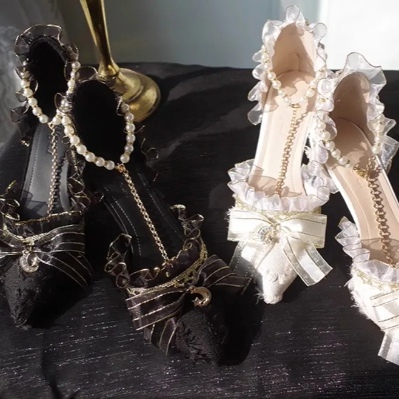 

Свадебные туфли в стиле Лолиты ручной работы на высоком низком каблуке, сандалии со стразами и цепочкой из бисера, элегантные туфли на одной пуговице, большие маленькие размеры