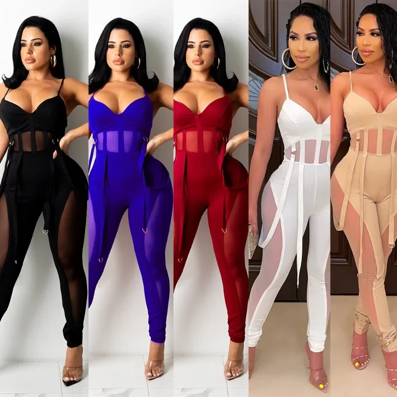 Jumpsuit Tight High Waist Trousers Women's Autumn New Style Mesh Tassel Perspective Sexy Suspenders Elastic