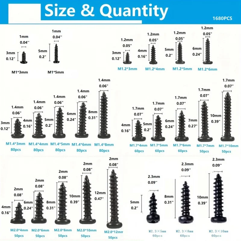 1680Pcs Black Micro Self Tapping Screws Assortment Kit For Woodworking Home Electronic Repair 3D Printer DIY