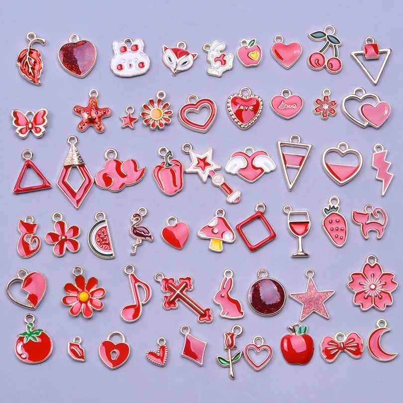 10/30/50pcs Mix Red Enamel Charms Heart Moon Star Charms Drop Oil Animal Flower Fruit Pendant For Jewelry Making DIY Accessories