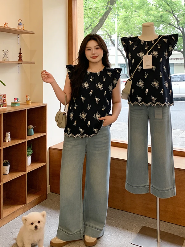 

Heavy Embroidery round Neck Short Sleeve Women's Shirt Large Size Wave Summer New Style Versatile Top Commute Style Kore...