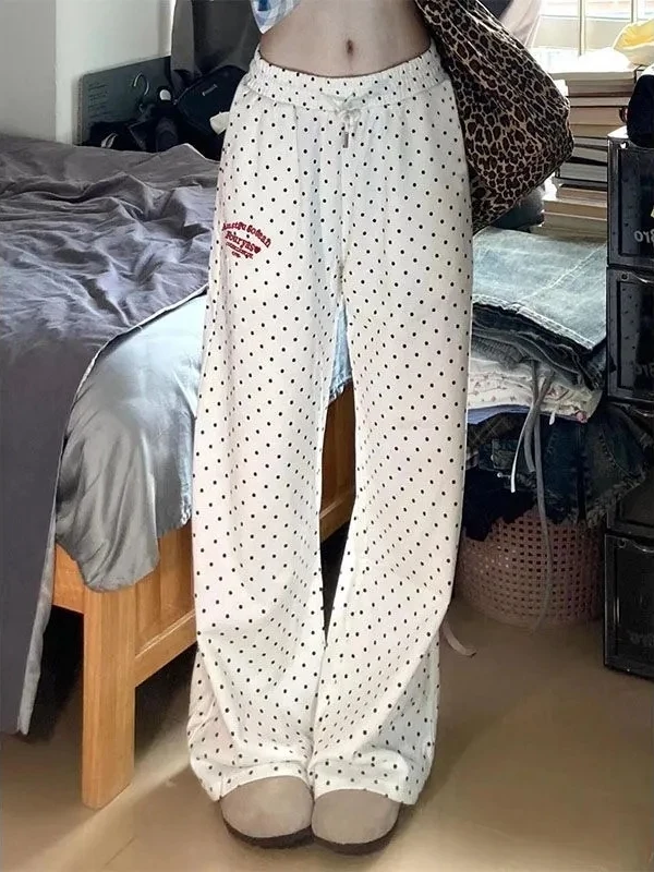 

Американские женские брюки с вышивкой в виде букв и горошком, широкие, свободные, с высокой талией, повседневные, длинные, удобные, стройнящие