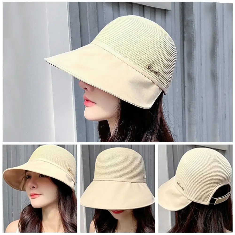 Summer Women Bucket Hat UV Protection Sun Hats Soft Foldable Wide Brim Outdoor Beach Hat Panama Cap Ponytail Cap