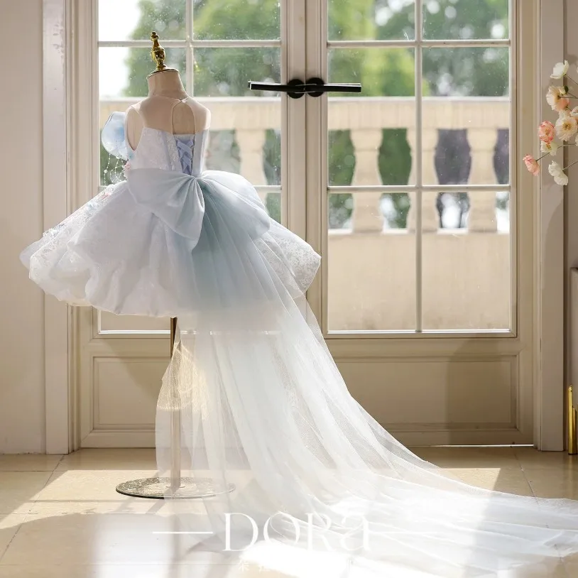 Kids Fairy Princess Short Ball Gown 3D Big Flower Tulle Dress Colorful Floral Appliques For Girl Wedding Birthday Party A5102