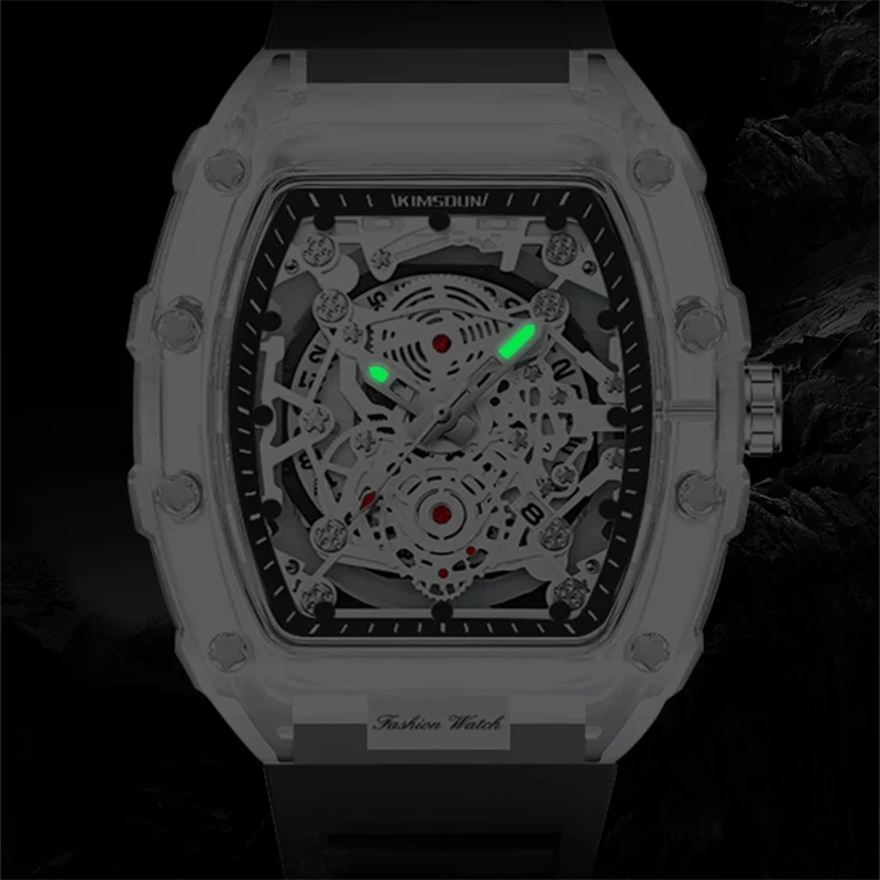 Fashionable Casual Men's Watch Luminous Calendar Function Silicone Strap Tonneau Shaped Transparent Case Men Quartz Watch Reloj