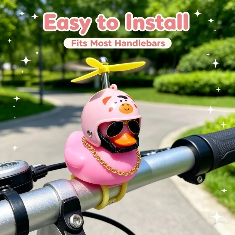 1Pc Cute Pink Bike Duck With Helmet Propeller Ornament Bicycle Handlebar Decor For E-Bike Electric Scooter Motorcycle view 2