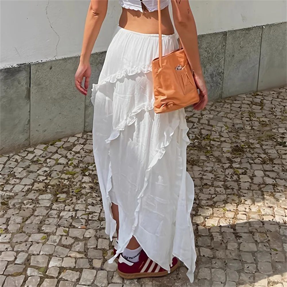 French Style Fashion Ruffles Split Sweet Skirt for Women 2025 New Irregular High Waist Skirts Vintage All-match Lady White Skirt