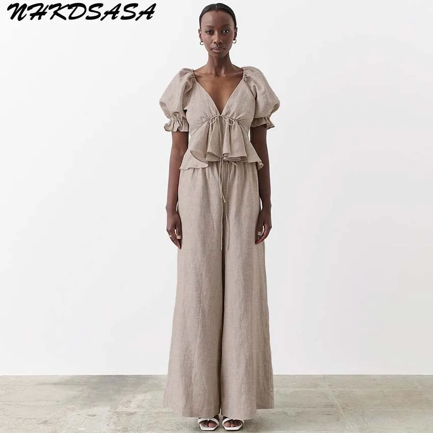 Linen Women Home Suit Blouse Vintage Summer Shirt Deep V Neck Female Ruffle Top Lace Up Backless Sexy Peplum Shirt Puff Sleeve