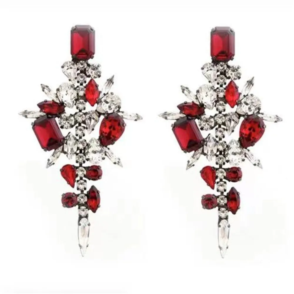 Novelly Crystal Red Ruby Chandelier Shape Drop Earrings Dinner Jewelry for Women Rhinestone Geometric Big Size Dangle Earrings