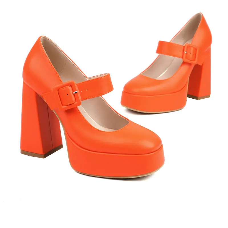الوردي البرتقالي الكلاسيكية مغلقة جولة تو السيدات فستان الحفلات مضخات كبيرة مشبك حزام منصة عالية الكعب أحذية امرأة ماري جينس الكعوب